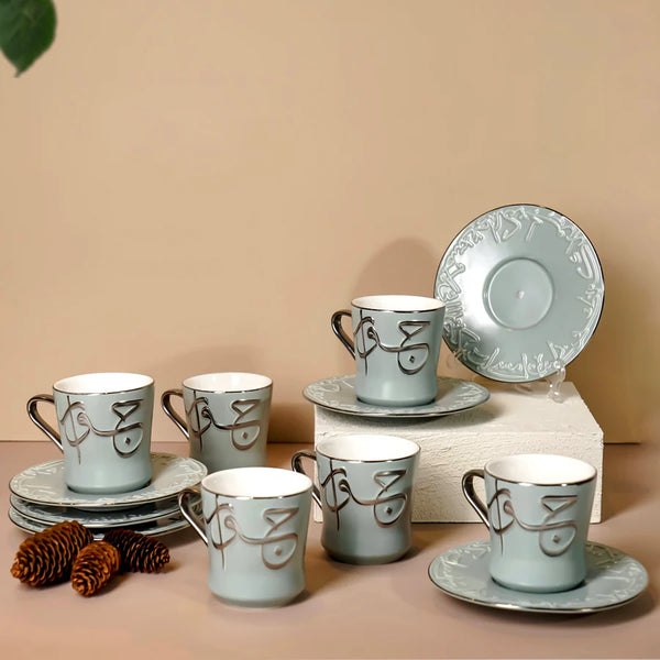 Porcelain Tea Set 12 Pcs From Jiwar - Light Green + Silver