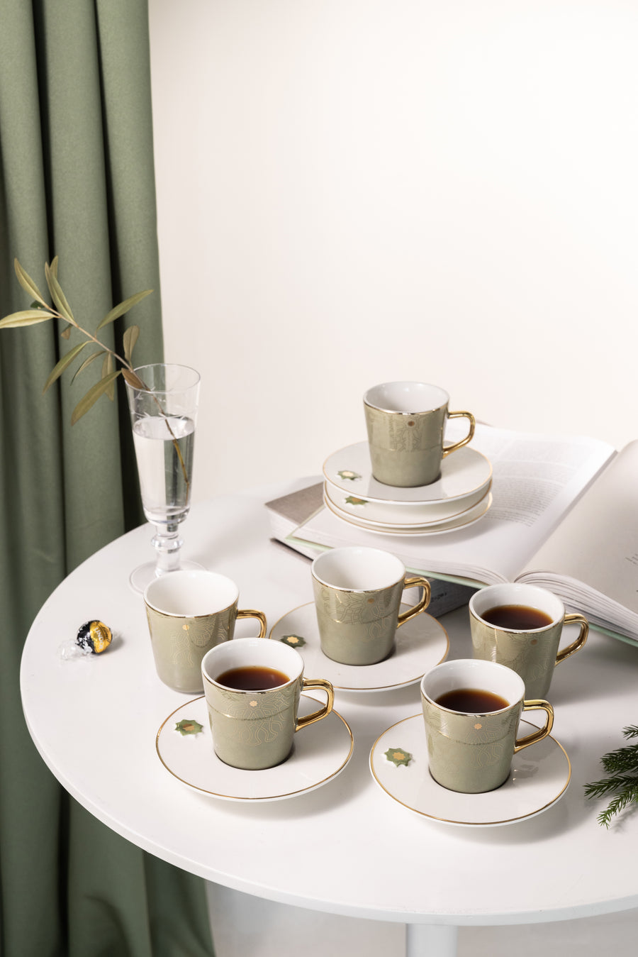 Porcelain Tea Set 12 Pcs From Asalah - Olive + Gold