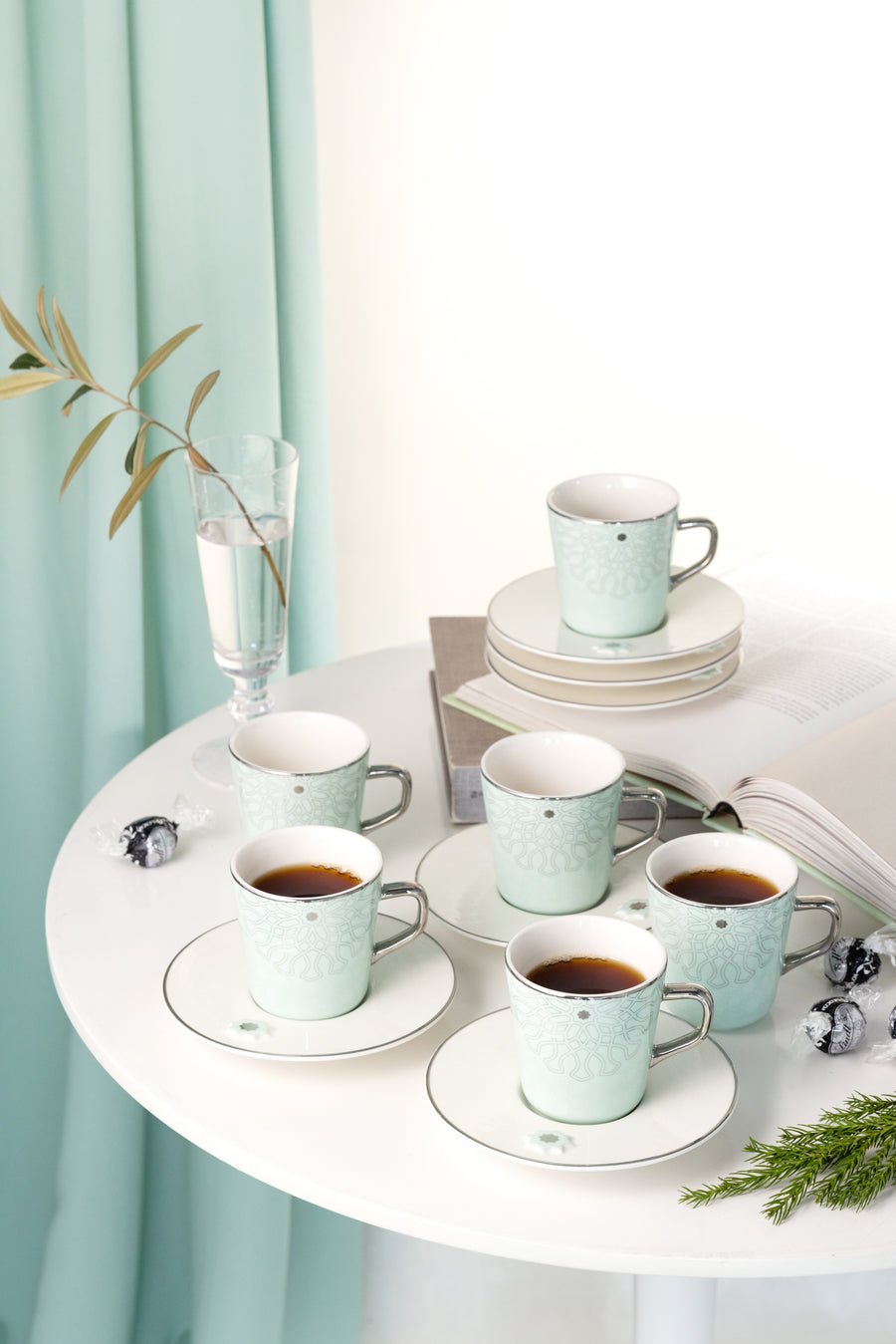 Porcelain Tea Set 12 Pcs From Asalah - Teal + Silver
