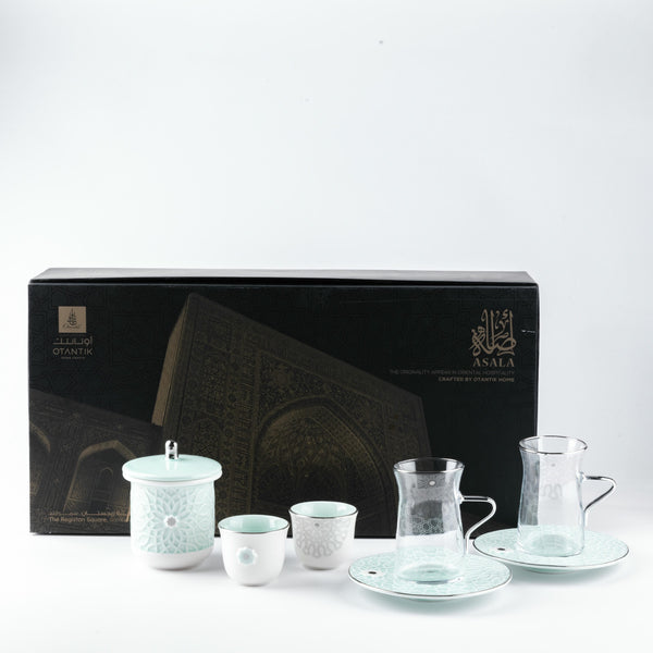 Tea And Arabic Coffee Set 19 pcs From Asalah - Teal + Silver