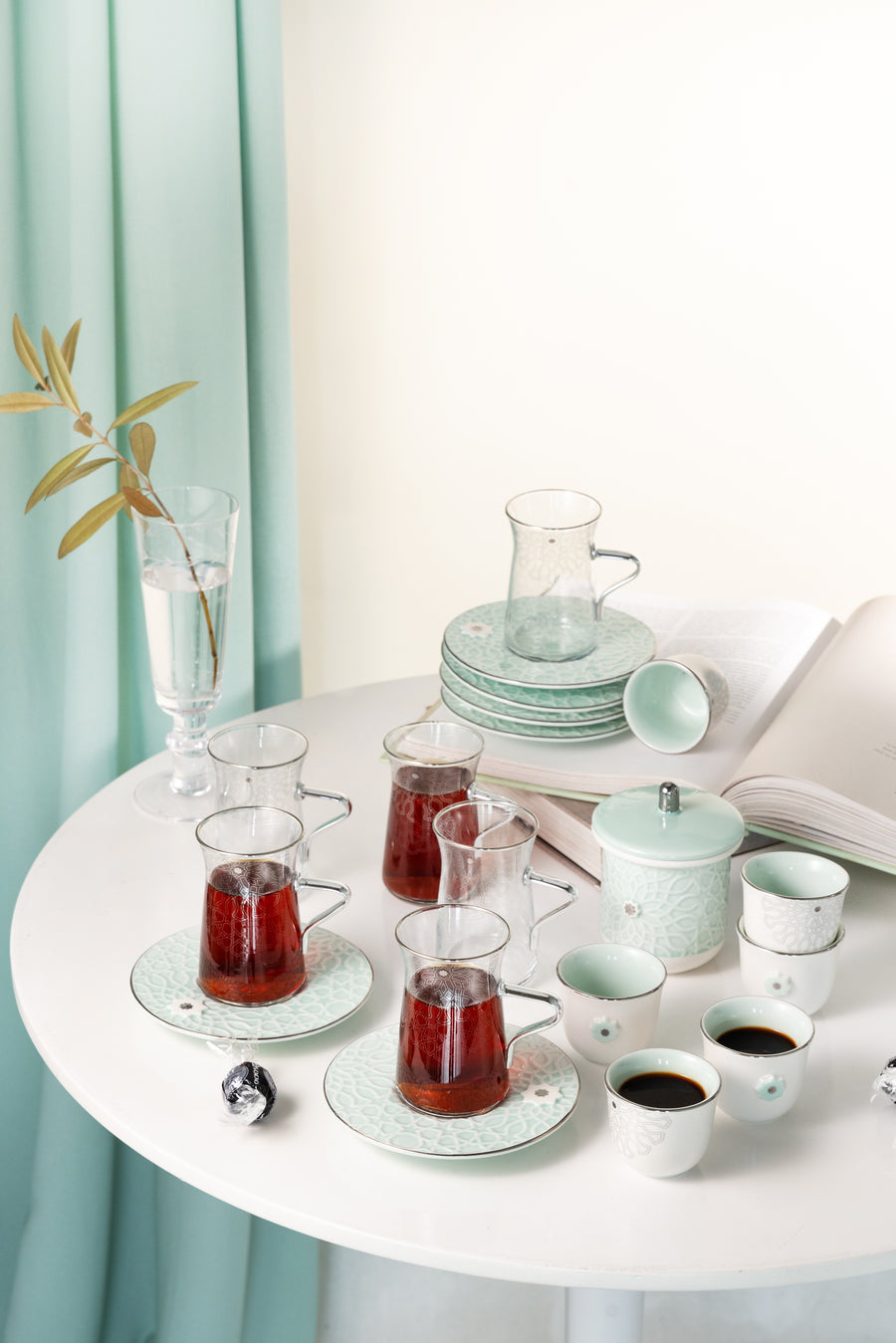 Tea And Arabic Coffee Set 19 pcs From Asalah - Teal + Silver