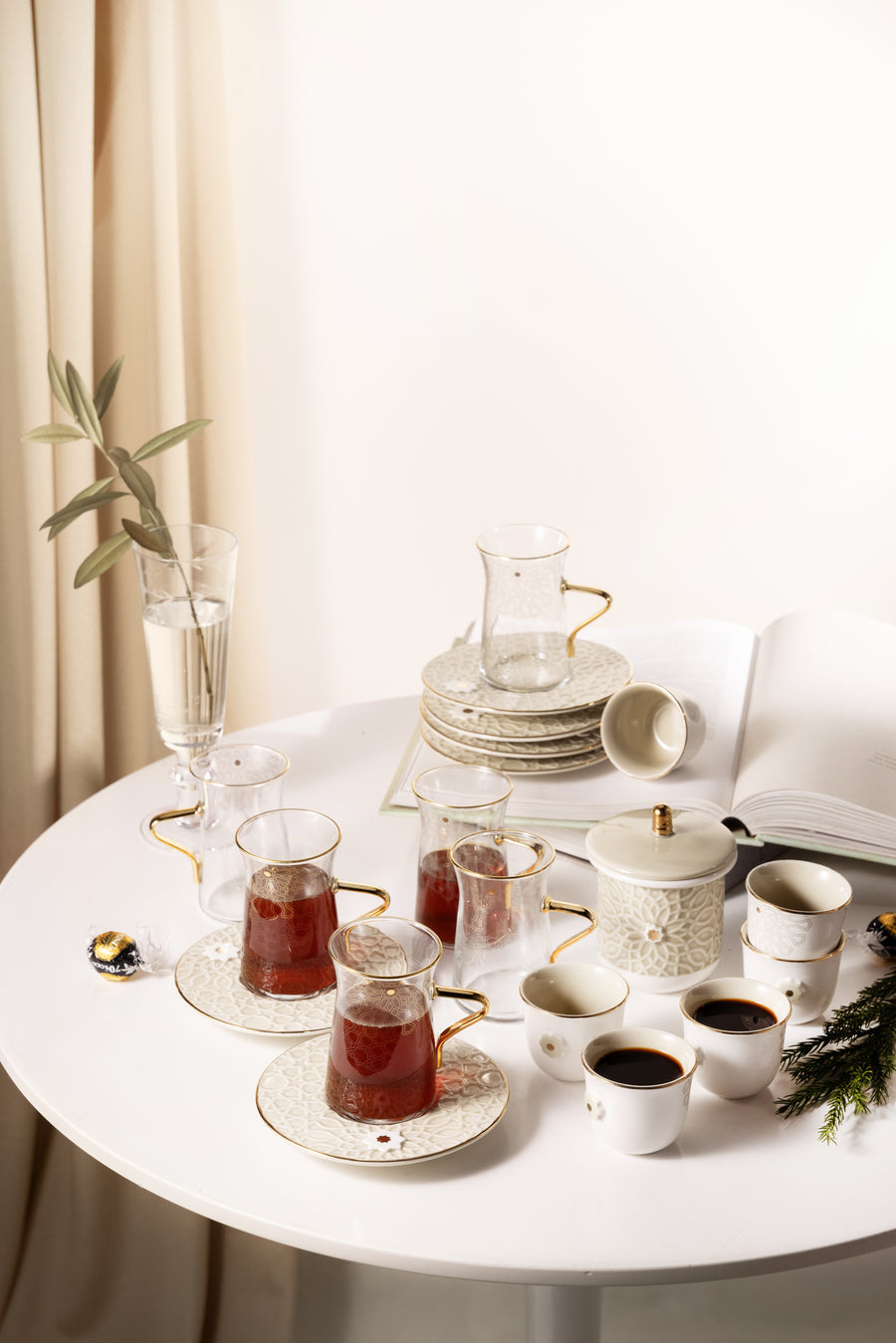 Tea And Arabic Coffee Set 19 pcs From Asalah - Beige + Gold