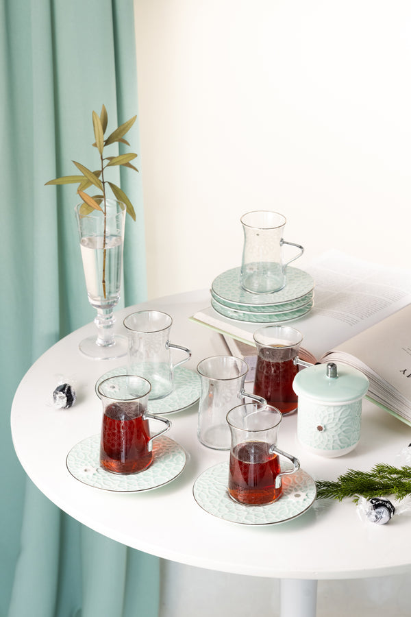 Tea Glass Set 13 Pcs From Asalah - Teal + Silver