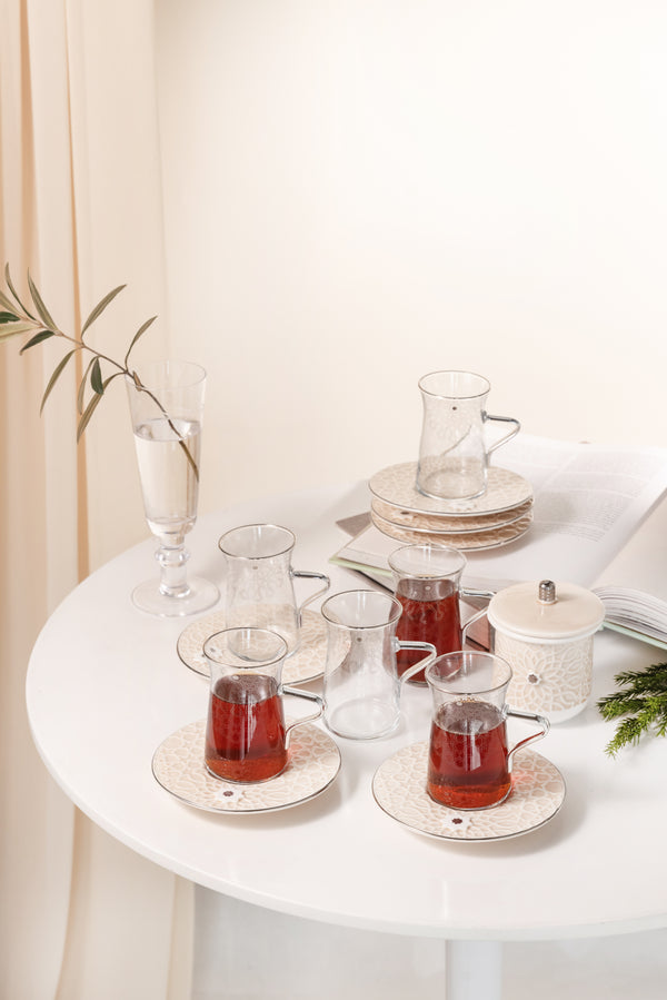 Tea Glass Set 13 Pcs From Asalah - Creamy + Silver