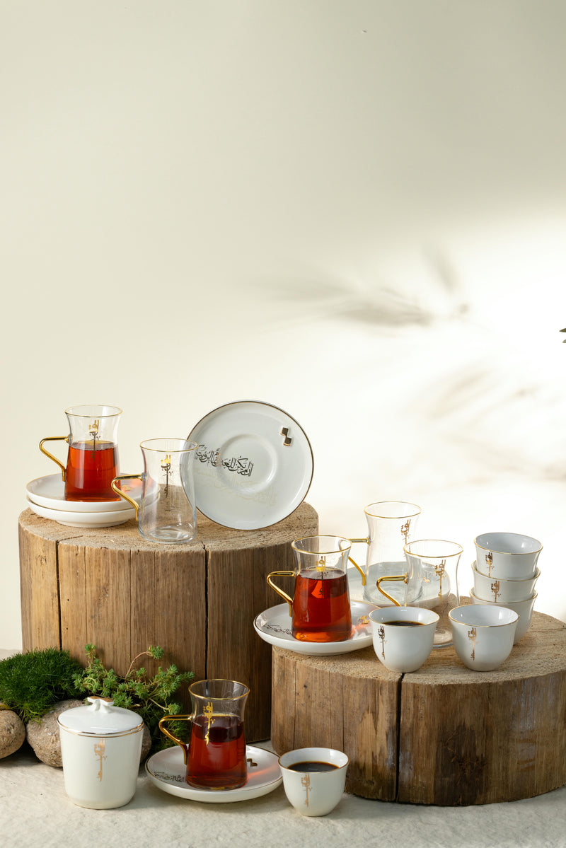 Tea And Arabic Coffee Set 19 Pcs From Liqaa -  Pearl White + Gold MS Department Store Oman