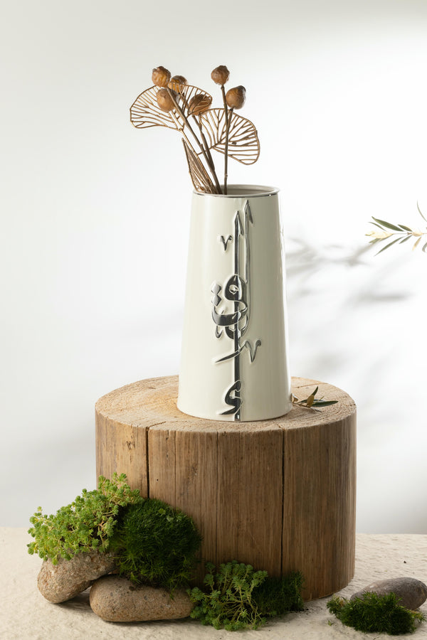 Flower Vase - L From Liqaa -  Pearl White + Silver