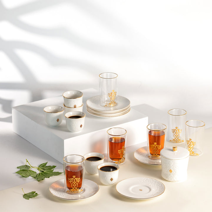 Tea And Arabic Coffee Set 19 pcs From Naqsh - White + Gold