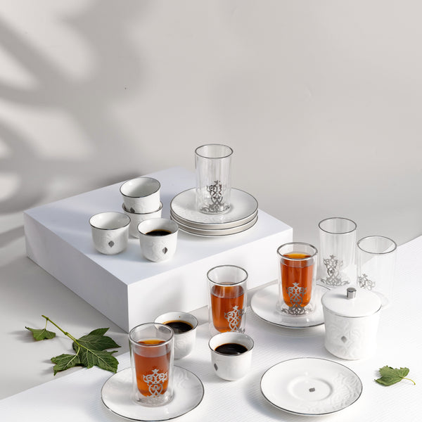 Tea And Arabic Coffee Set 19 pcs From Naqsh - White + Silver