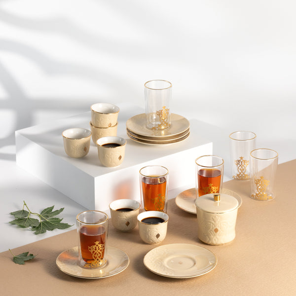 Tea And Arabic Coffee Set 19 pcs From Naqsh - Ivory + Gold