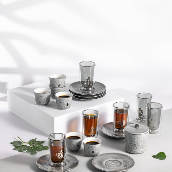 Tea And Arabic Coffee Set 19 pcs From Naqsh - Grey + Silver