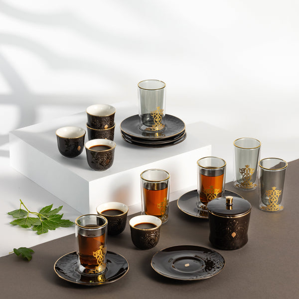Tea And Arabic Coffee Set 19 pcs From Naqsh - Black + Gold