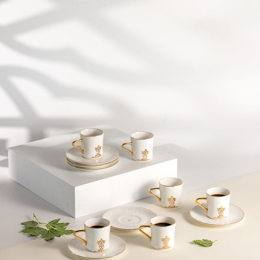 Porcelain Turkish Coffee Set 12 Pcs From Naqsh- White + Gold