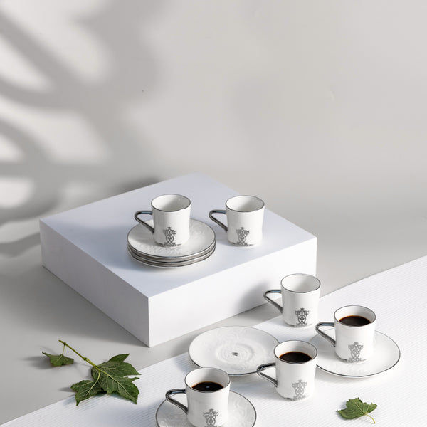 Porcelain Turkish Coffee Set 12 Pcs From Naqsh- White + Silver