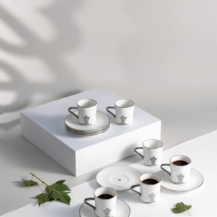 Porcelain Turkish Coffee Set 12 Pcs From Naqsh- White + Silver