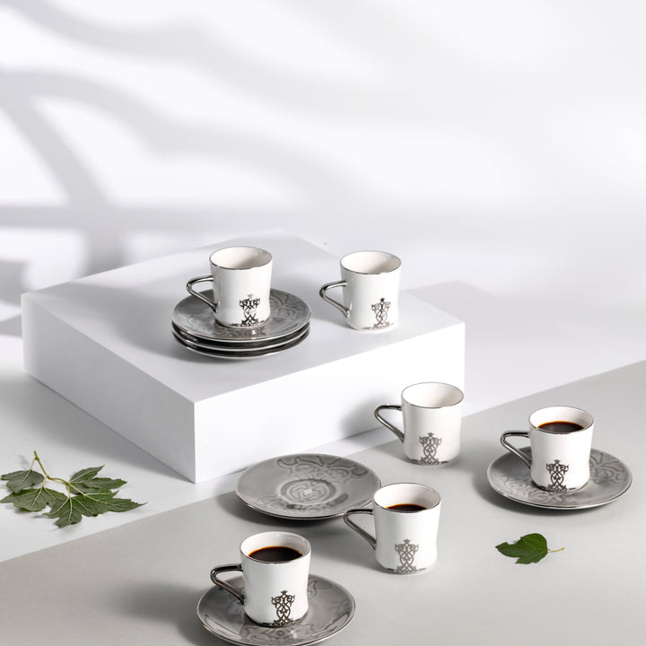 Porcelain Turkish Coffee Set 12 Pcs From Naqsh- Grey + Silver