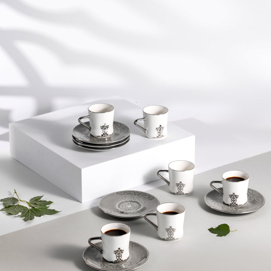 Porcelain Turkish Coffee Set 12 Pcs From Naqsh- Grey + Silver