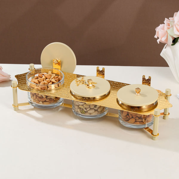 Nuts Serving Set 3 Bowl With Tray From Jiwar -  Ivory + Gold