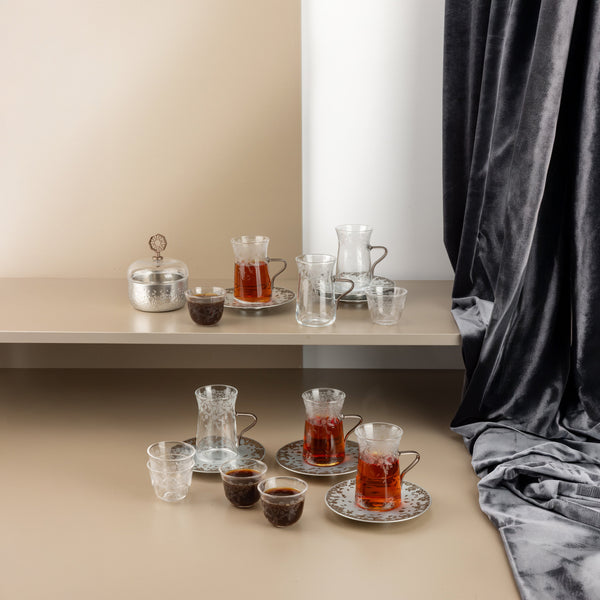 Tea And Arabic Coffee Set 19 Pcs From Nourhan - Matt Champagne Gold  + Matt Silver