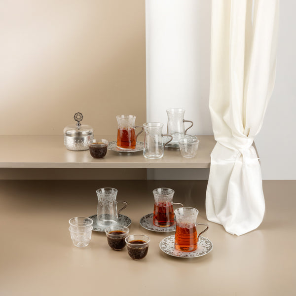 Tea And Arabic Coffee Set 19 Pcs From Nourhan - Matt Silver + Shining Silver