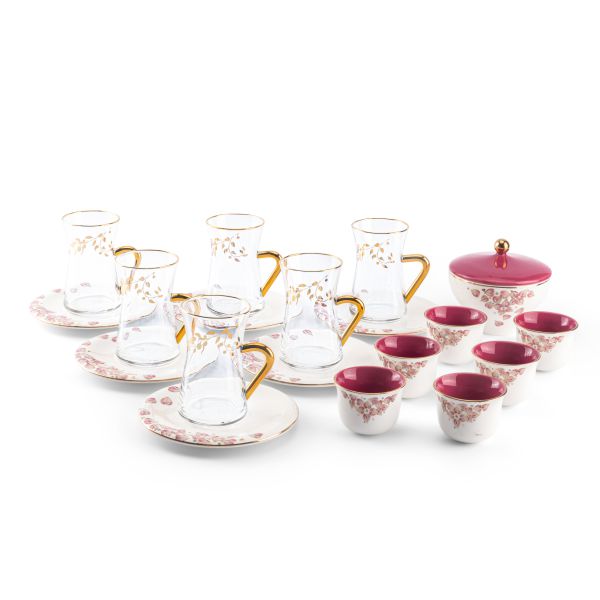 19pcs tea set ( 6 glass 6saucer 6 cawa 1 sugor) - pink+gold   